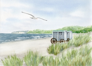 Postkarte DIN-A5 Aquarell Maritim Kunst Druck Kunstdruck Ostsee Rügen Binz 2 - Badekarre - Strandsauna